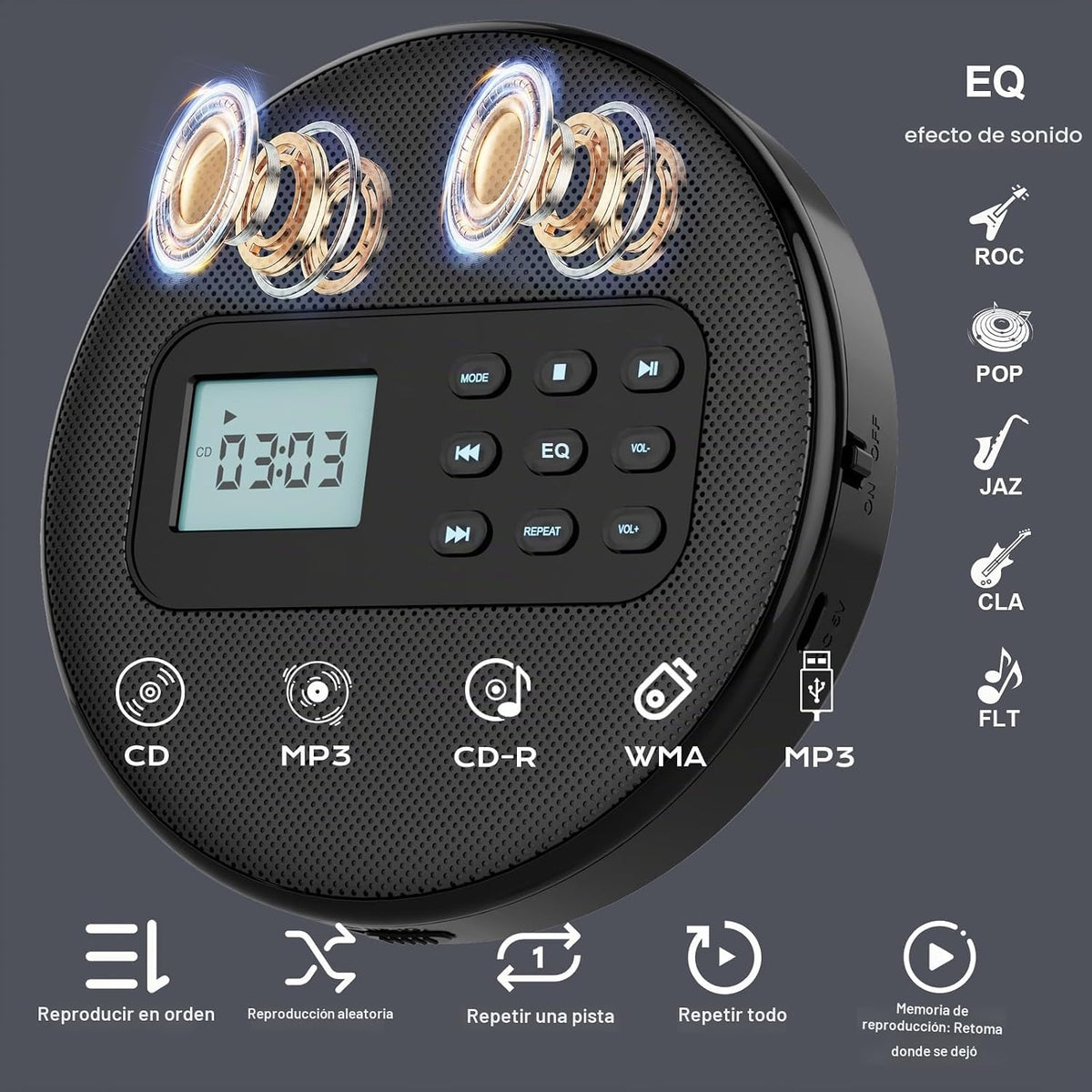 Reproductor de CD portátil con auriculares y altavoces integrados