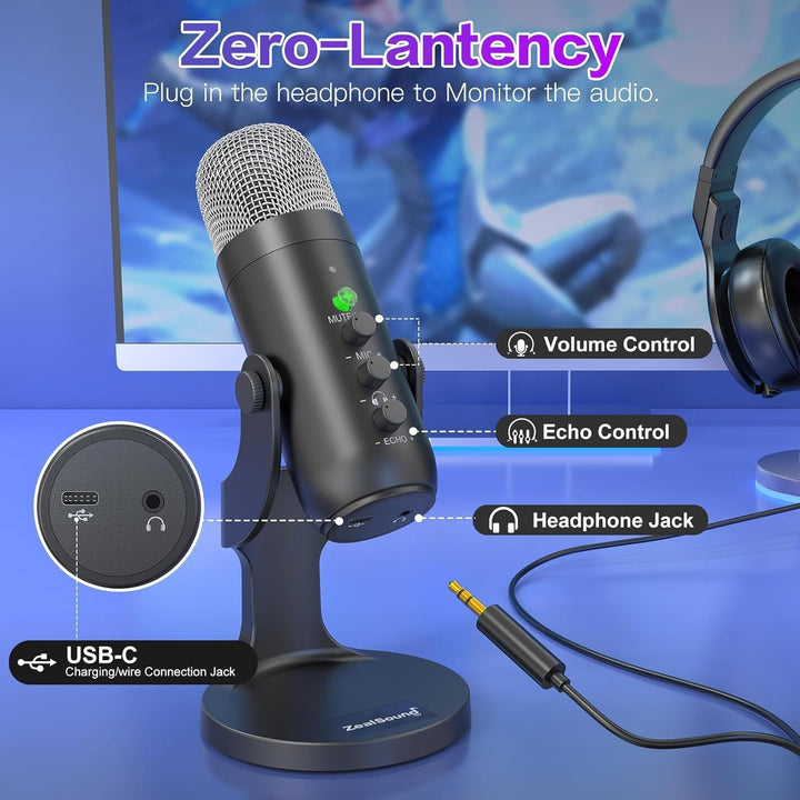 ZealSound Micrófono inalámbrico para PC, micrófono podcast con canc...