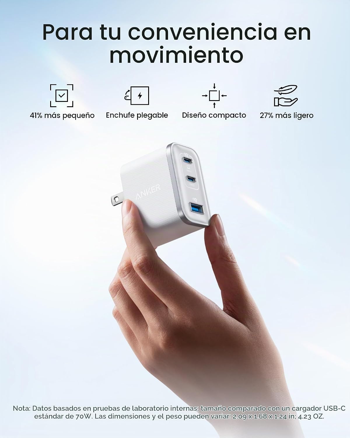 Anker Nano 70W Max Cargador Rápido de 3 Puertos USB-C, cargador tipo C de carga