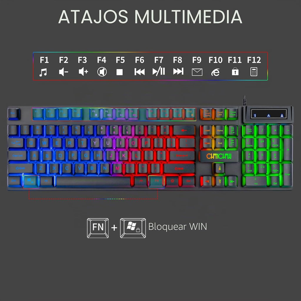 CHONCHOW Teclado y Ratón Gaming con Retroiluminación LED USB Cableado con Iluminación 104 Teclas 3600DPI 2 Botones Laterales Ratón Teclado Sensación Mecánica Compatible con PC Mac OS Xbox Ps4 Ps5 con