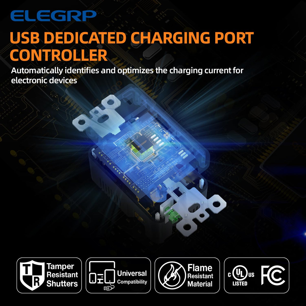 ELEGRP Cargador USB de pared, receptáculo USB con puertos USB tipo A y tipo C, enchufe dúplex de 20 amperios resistente a manipulaciones, placa de pared incluida, certificación UL (paquete de 6,