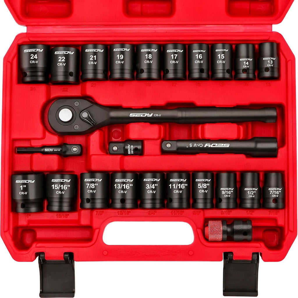 Juego de llaves de enchufe de transmisión de 1/2": Juego de 25 piezas de llave de trinquete de enchufe de impacto SAE y métrico, juego de herramientas de enchufe con caja de almacenamiento para