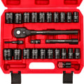 Juego de llaves de enchufe de transmisión de 1/2": Juego de 25 piezas de llave de trinquete de enchufe de impacto SAE y métrico, juego de herramientas de enchufe con caja de almacenamiento para
