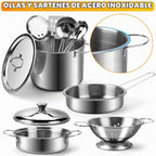 Tigerhu 26 accesorios de cocina de juguete, juguetes de cocina con utensilios de cocina de acero inoxidable, delantal y sombrero de chef, juego de ollas y sartenes, alimentos para cortar, grandes