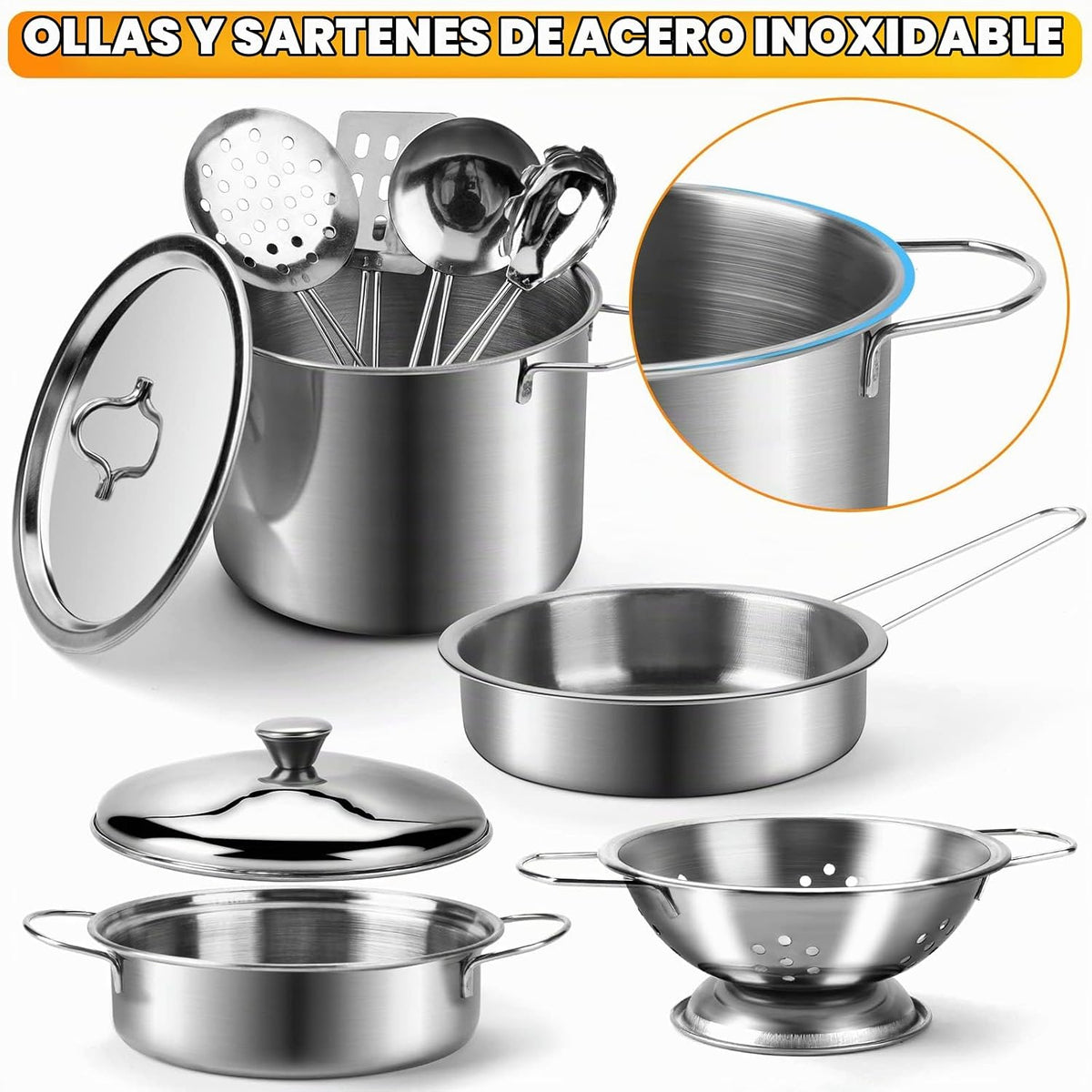 Tigerhu 26 accesorios de cocina de juguete, juguetes de cocina con utensilios de cocina de acero inoxidable, delantal y sombrero de chef, juego de ollas y sartenes, alimentos para cortar, grandes