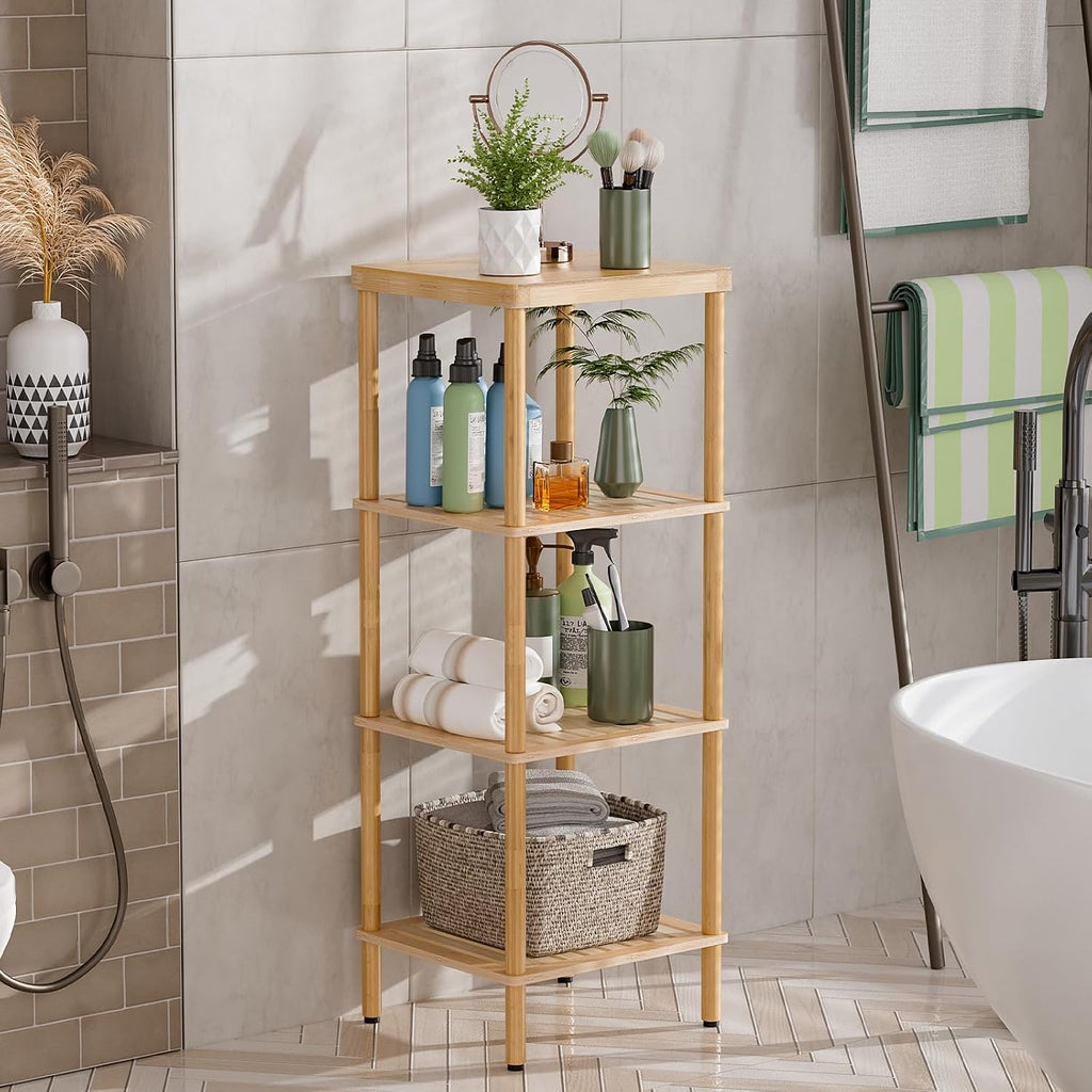 AmazerBath Estante de baño de bambú, estante de almacenamiento de baño de 4 niveles, estante de almacenamiento multifuncional para sala de estar, dormitorio, cocina, ahorrador de espacio