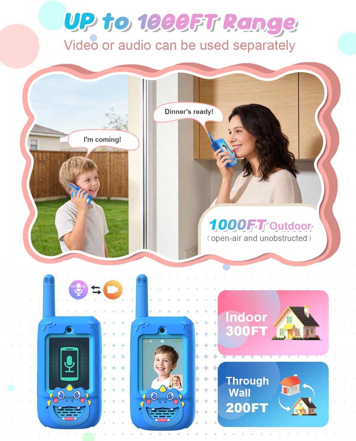 Walkie Talkies de video para niños, paquete de 2 recargables con cámara HD