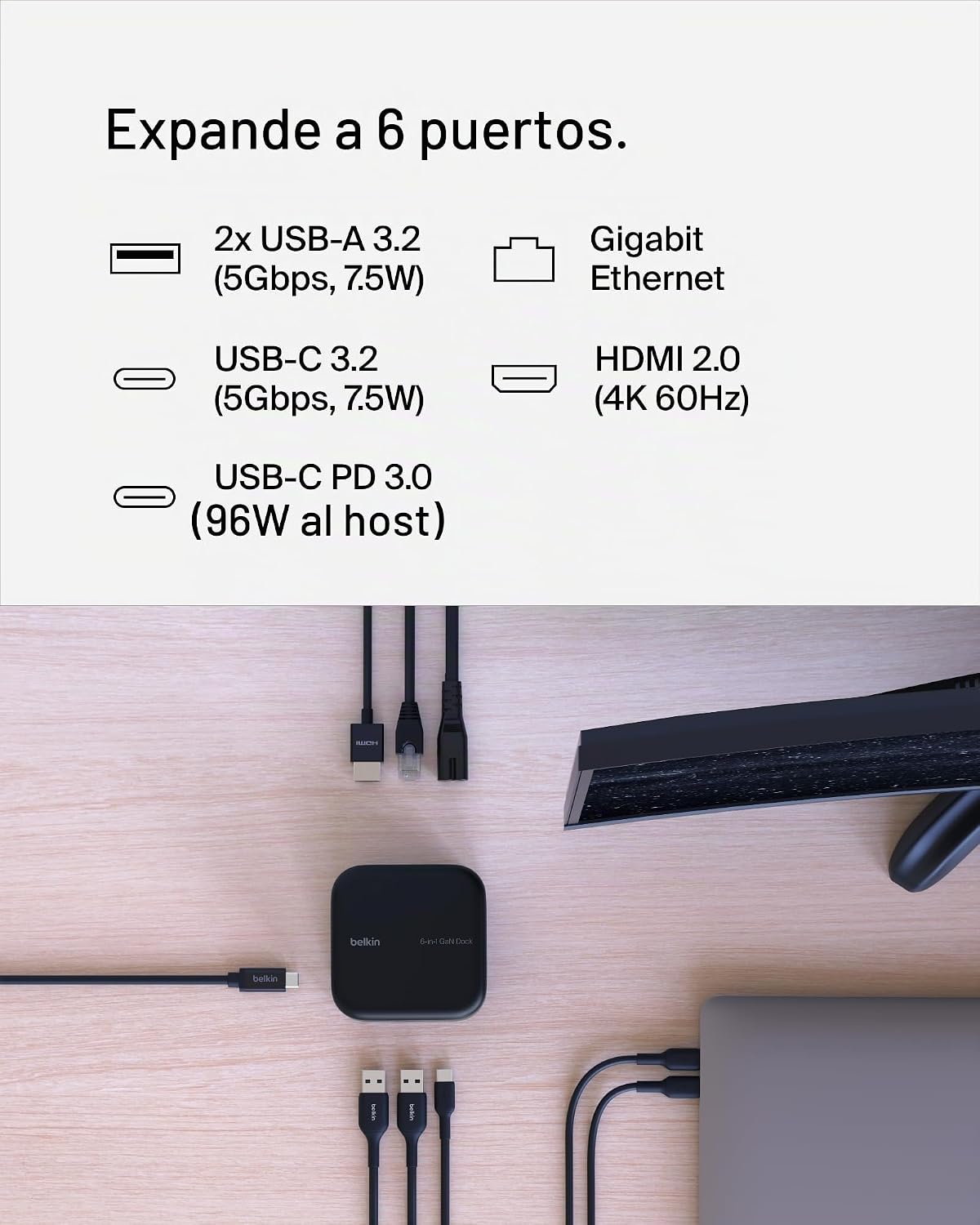 Belkin Estación de acoplamiento USB-C 6 en 1 Core GaN