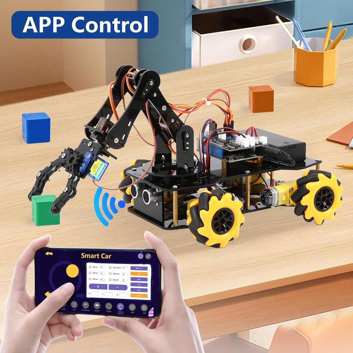 ACEBOTT 5DOF Kit de Coche con Brazo Robótico Inteligente, Coche de Control Remoto 4WD Compatible con Arduino/Python/Blockly Proyecto de Programación/Educación STEM/Kit de Codificación Científica para