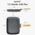 GiPP Sartén antiadherente con mango plegable, sartén cuadrada para parrilla, sartén para asar con boquillas de vertido, sartén versátil para todas las estufas, libre de PFOA, 13.4 pulgadas
