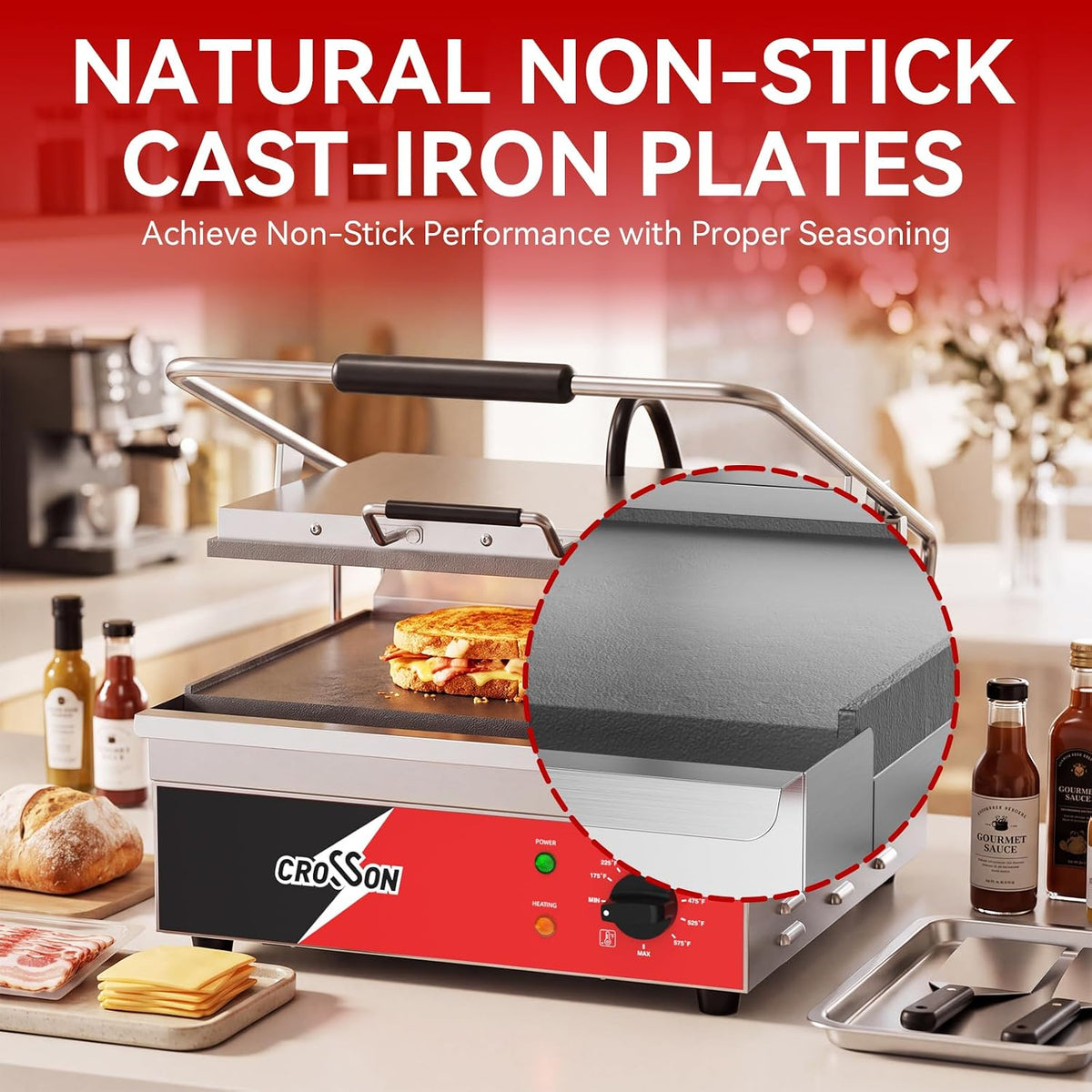 CROSSON Parrilla Panini eléctrica comercial plana con certificación ETL de 15 x 11 pulgadas, placa superior con bisagras de nivelación automática Panini Press Sandwitch Maker