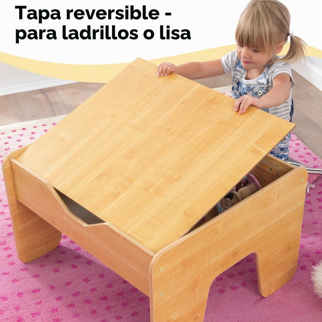 KidKraft Mesa de actividades reversible de madera con tabla con 195 ladrillos de construcción, gris y natural, regalo para mayores de 3 años