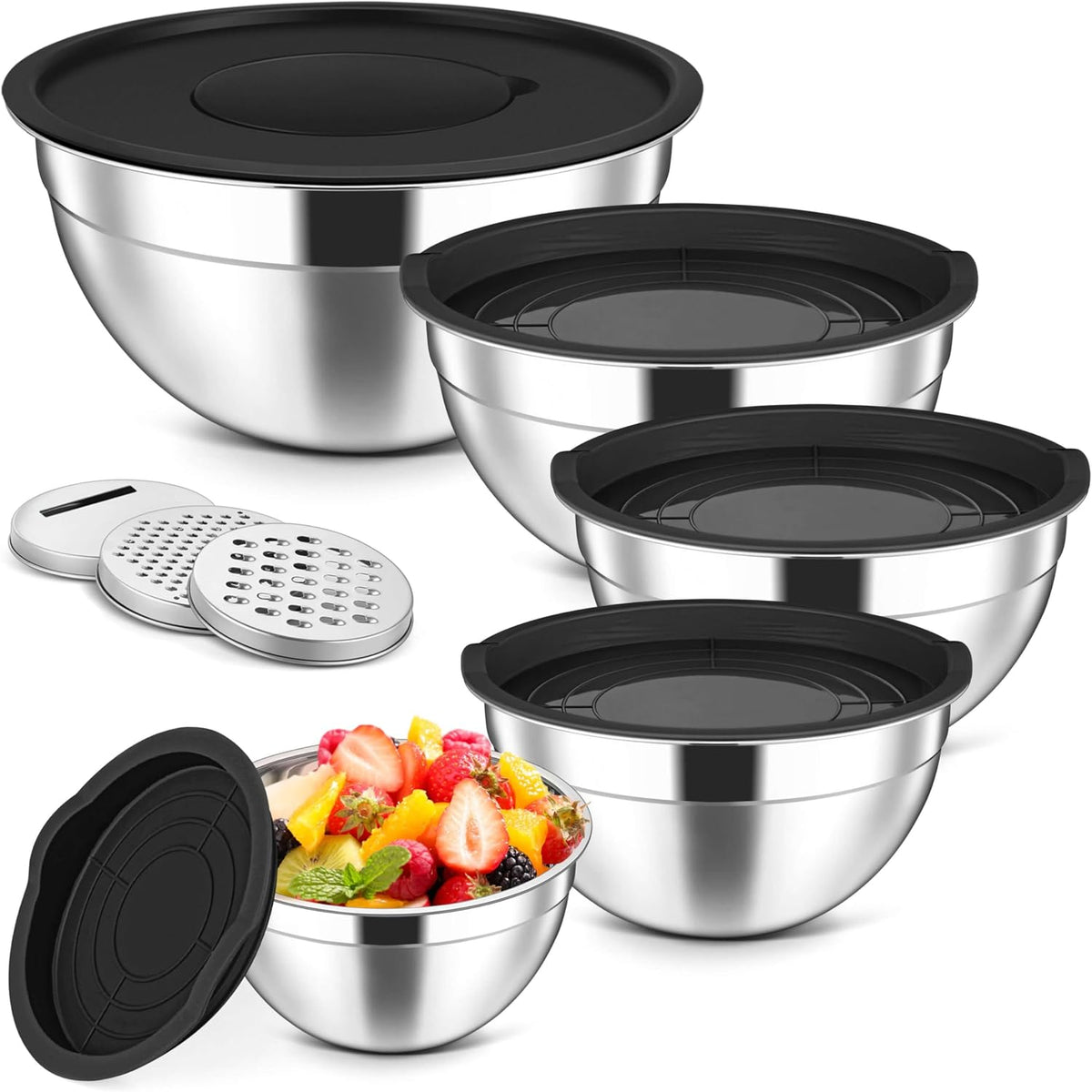 Herogo Tazones para mezclar de 5 piezas con tapas herméticas, 3 accesorios de rallador, cuencos de acero inoxidable para servir ensalada para cocina, tamaño 4.6, 3.5, 2.5, 2, 1.5 cuartos de galón, ideales para preparar y cocinar, color negro