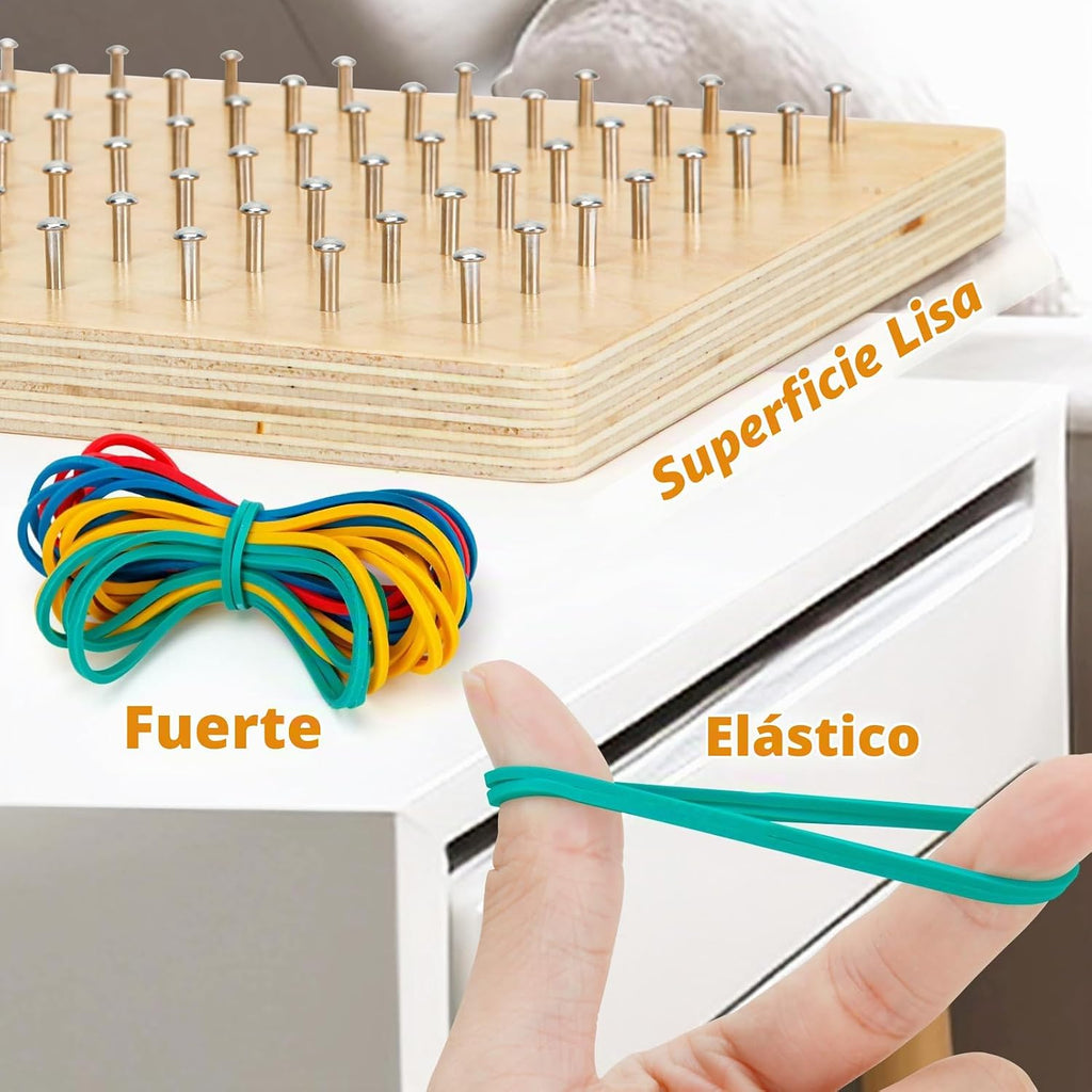 2Pack Tablero Geométrico de Madera, Juguete Montessori, Juguete Educativo Matemático Gráfico para Niños con Tarjetas de Patrones y Bandas de Goma para Figuras y Formas, Rompecabezas STEM Tablero Geo.