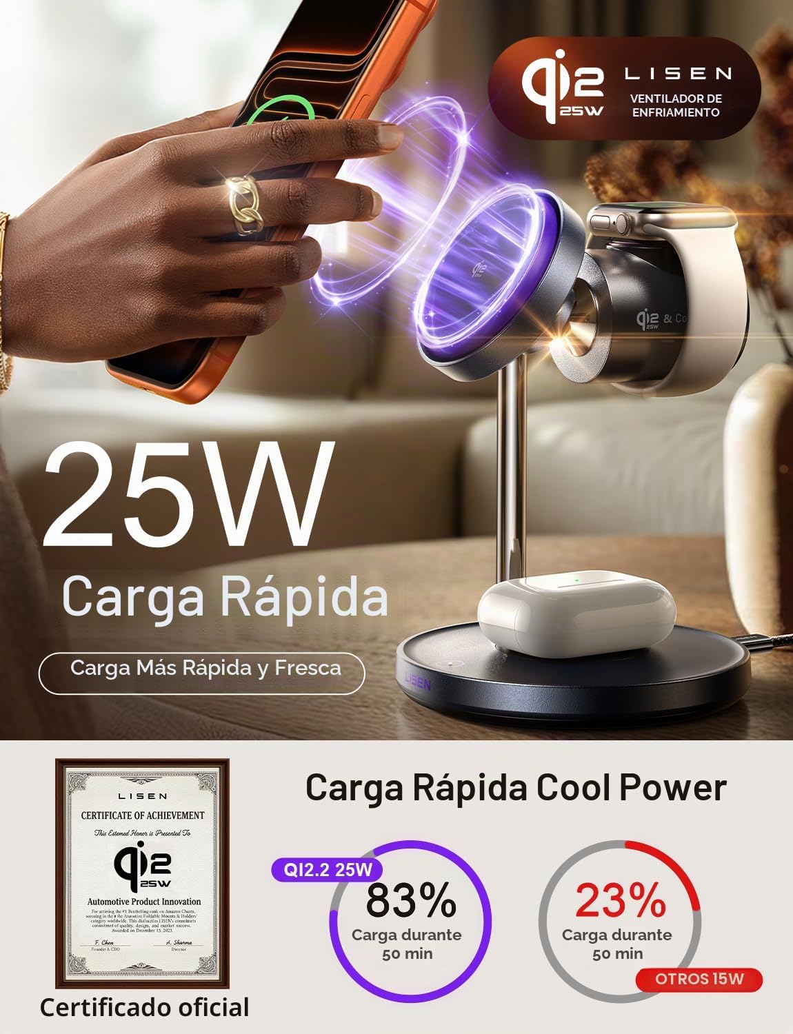 LISEN Qi2.2 - Estación de carga 3 en 1 de 25 W para dispositivo iPhone, soporte de cargador Magsafe con ventilador de refrigeración inteligente, cargador inalámbrico Magsafe de 25 W para iPhone 18/17