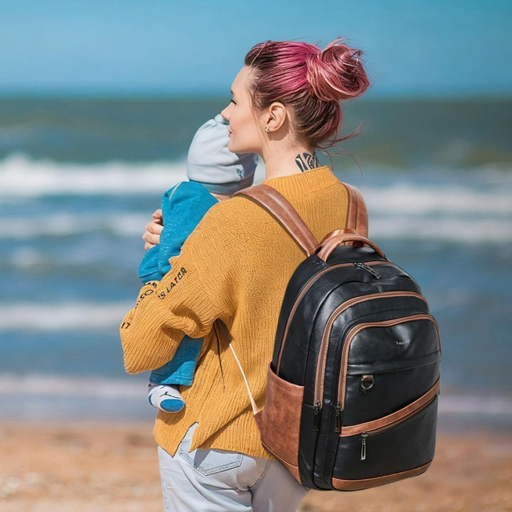 LATMAP Mochila de 43L para mujer: mochila de cuero vegano que se aj...