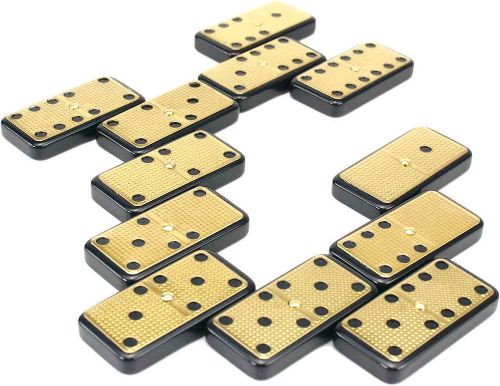 Bucher&Rossini Juego de dominó de superficie de metal doble 6 para adultos y niños – Juego de dominó clásico de 28 piezas de superficie de metal dorado, idea de regalo para jugadores de dominó o noche de juego familiar