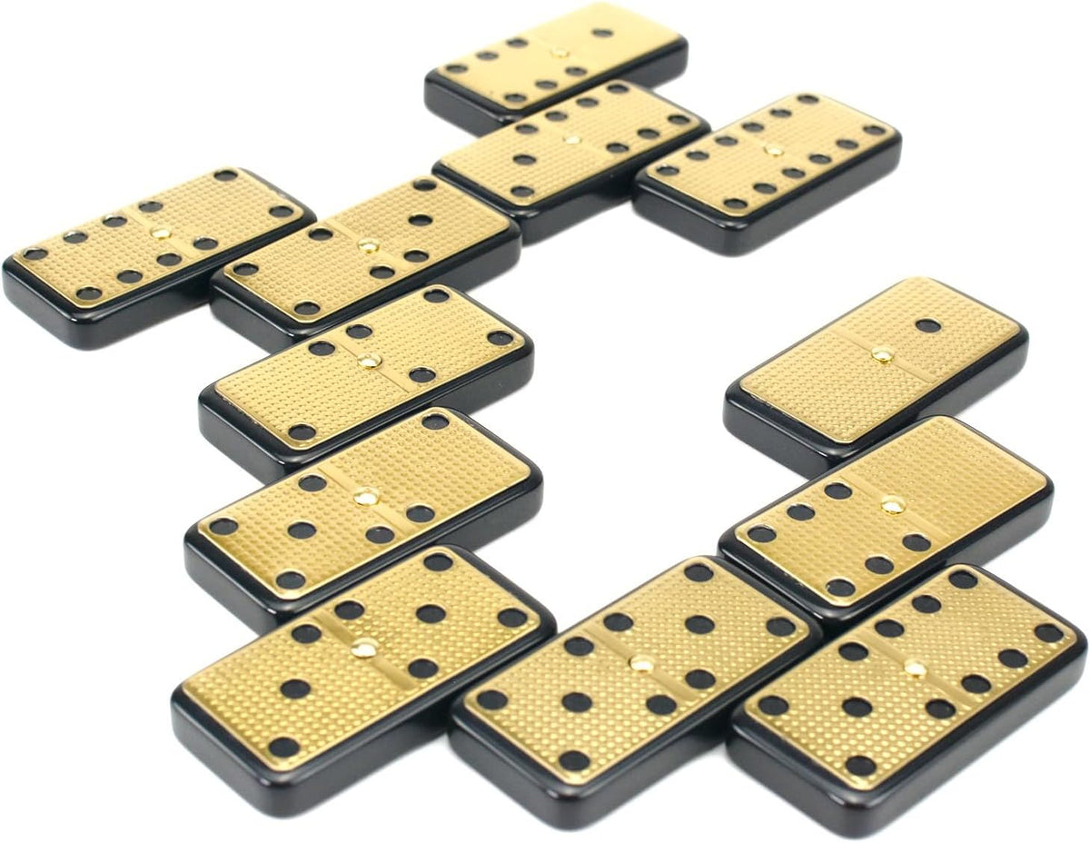 Bucher&Rossini Juego de dominó de superficie de metal doble 6 para adultos y niños – Juego de dominó clásico de 28 piezas de superficie de metal dorado, idea de regalo para jugadores de dominó o noche de juego familiar