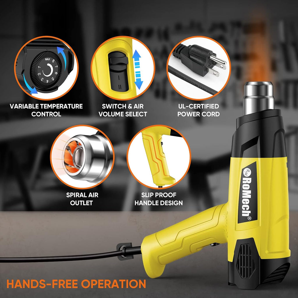 Pistola de calor resistente de 1500 W, kit de pistola de aire caliente con control de temperatura variable con 2 caudales de aire de 120 °F a 1200 °F y 4 boquillas para manualidades (amarillo)