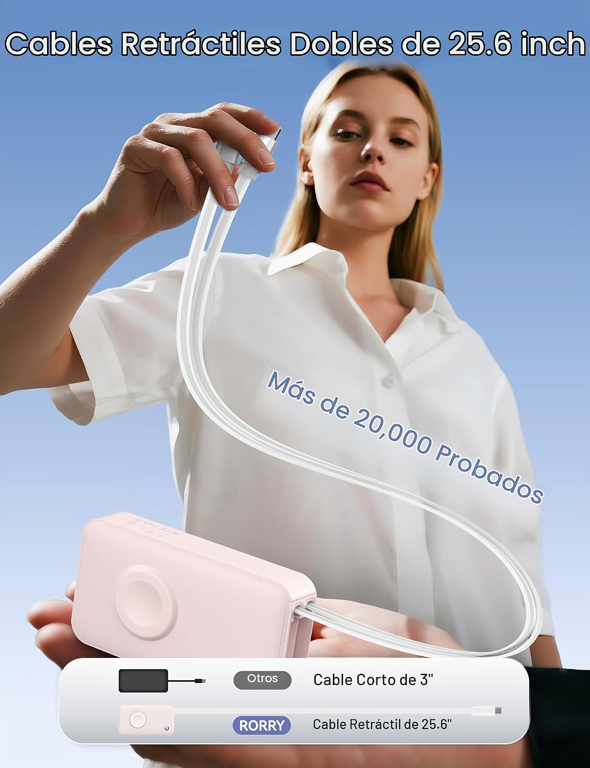 RORRY Cargador portátil, 10000mAh 30W Power Bank con cables retráct...