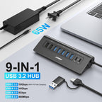 JESWO, hub USB de 9 puertos, alimentado, adaptador 20V/3.25A