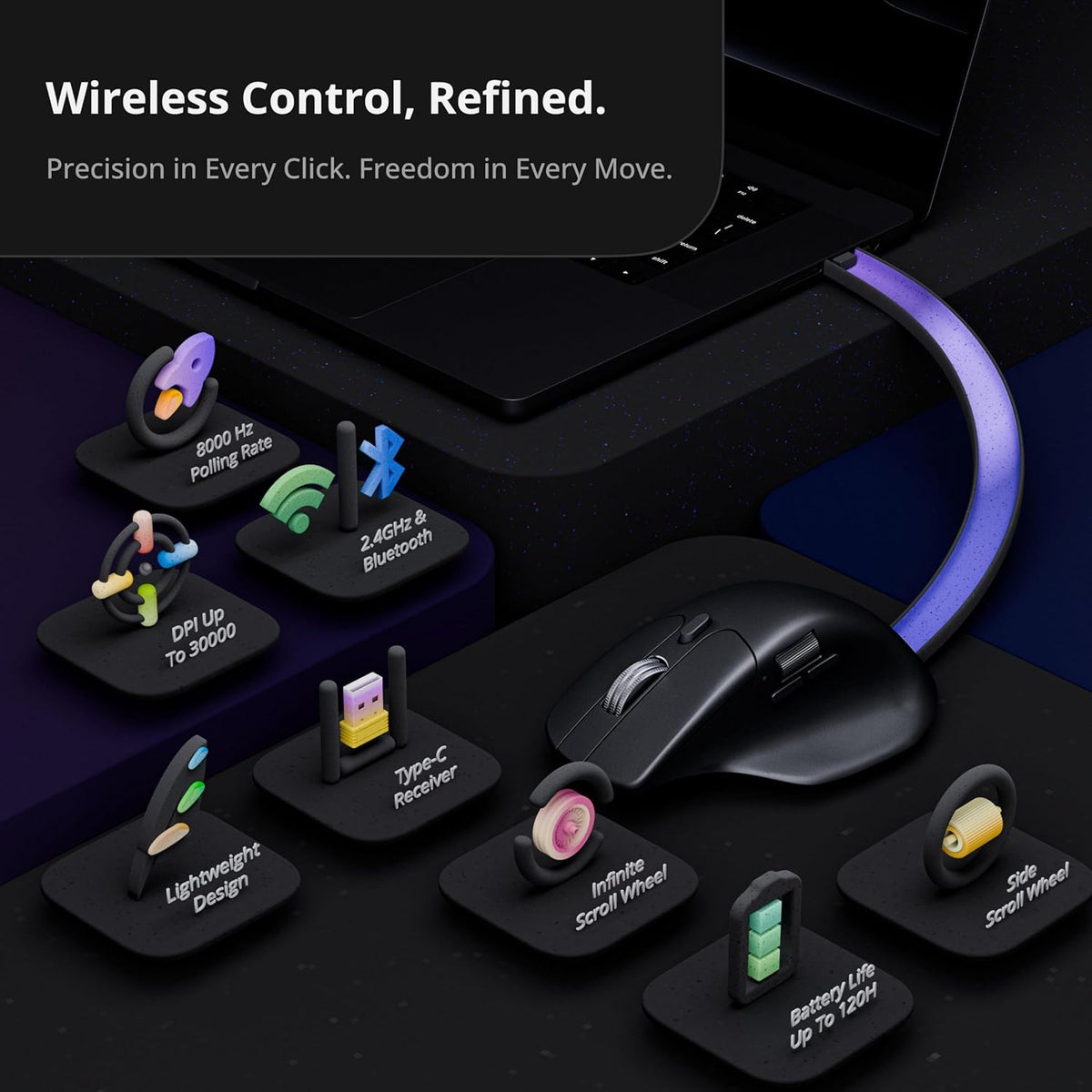 Keychron Ratón inalámbrico para juegos M6 8K, 2.4G/Bluetooth/cableado, sensor PixArt 3950, sondeo de 8000Hz, clics silenciosos, 5 perfiles de memoria integrados para Plug & Play, programable para Mac