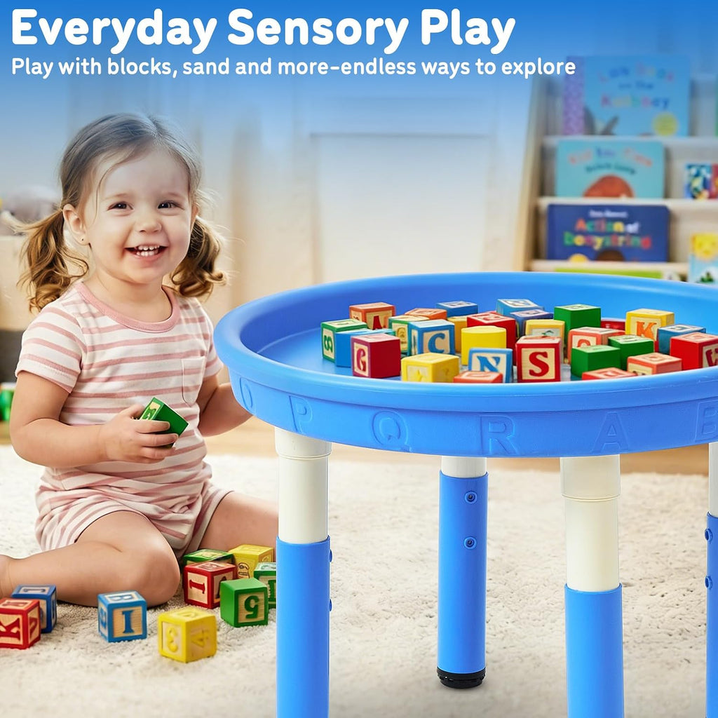 FUNLIO Mesa sensorial para niños (27.6 pulgadas), mesa sensorial redonda de altura ajustable, multiuso como mesa de agua y mesa de arena para interiores y exteriores, fácil montaje de 3 minutos, no