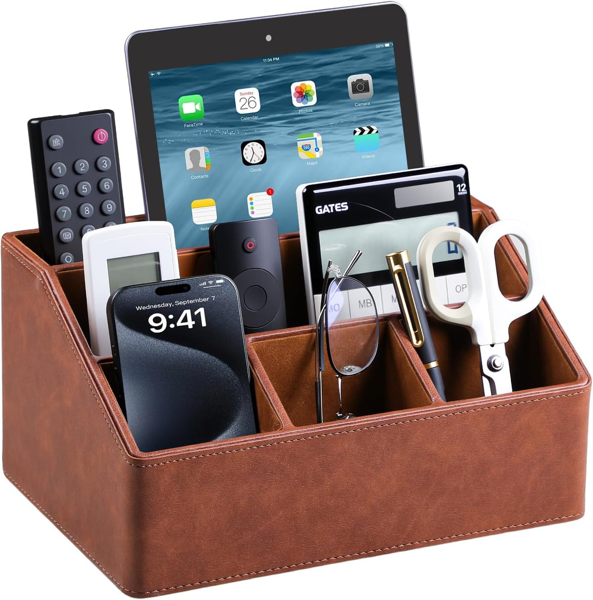 Organizador de Escritorio de Cuero PU, Soporte de Control Remoto de Lujo para el Hogar, Accesorios de Escritorio de Oficina Caddy de Mesa Organizador de Mesita de Noche (Marrón)