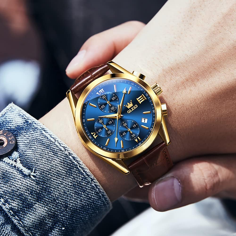 OLEVS Reloj de vestir de cuero para hombre, casual, cuarzo, marrón, pulsera, con fecha