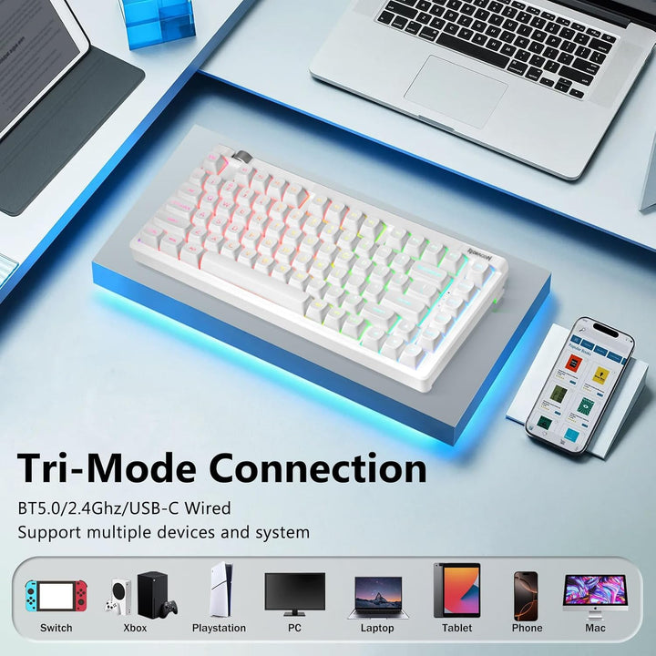 Redragon Teclado mecánico inalámbrico color crema, Bluetooth\/2.4GH...