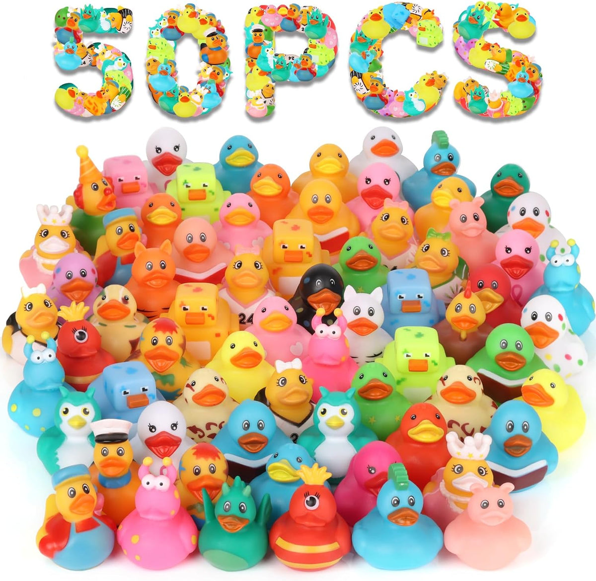50 paquete de patos de goma para niños, juguetes de baño y patos para jeep para patear, patos de goma a granel para niños, accesorios para fiestas de baby shower, regalos de cumpleaños y fiesta de