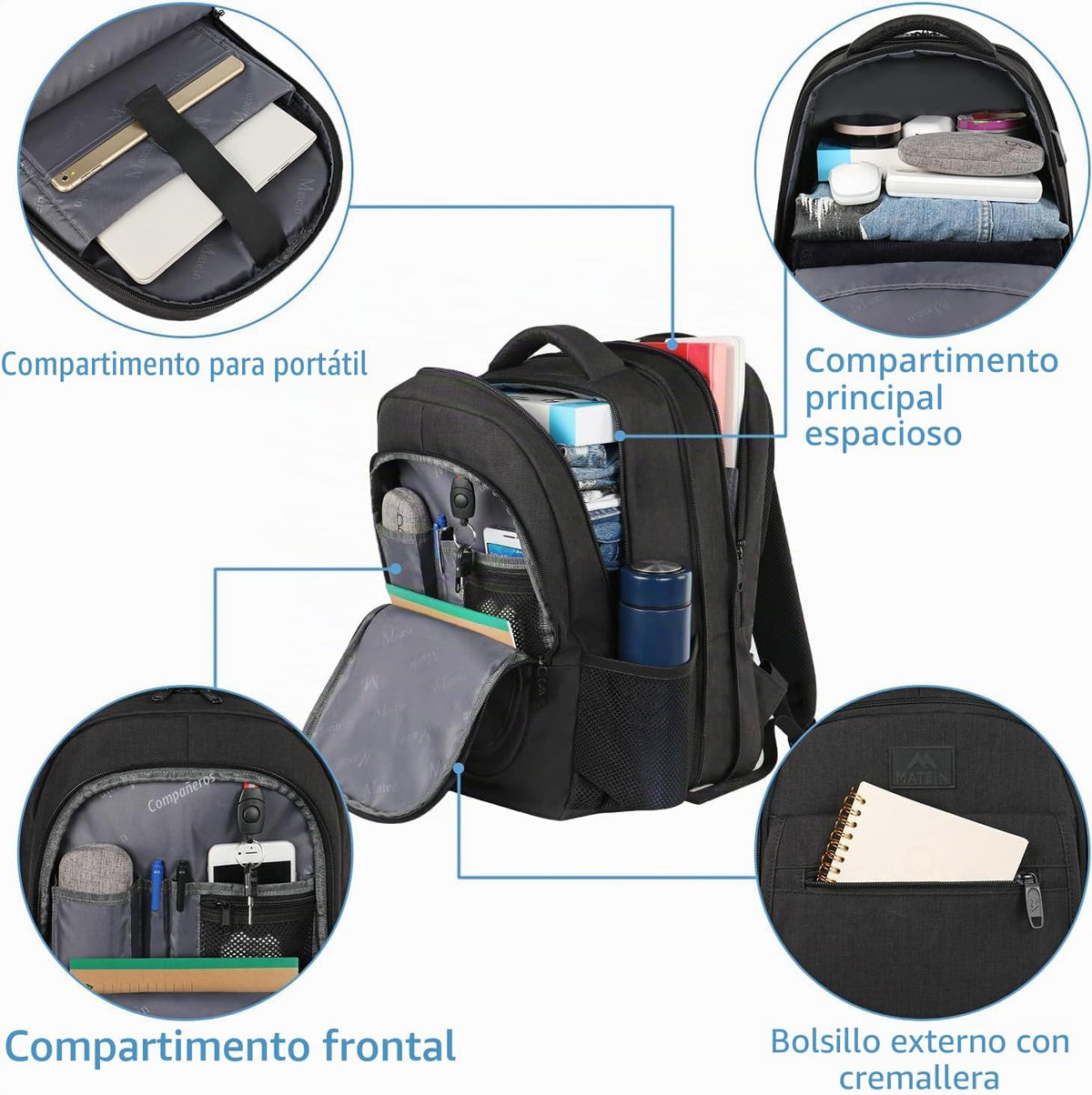 MATEIN Mochila de viaje grande para la universidad, mochila expandible para