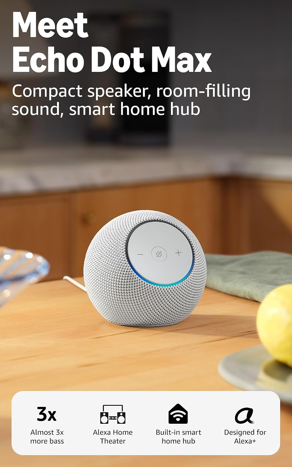 Amazon Echo Dot Max (modelo más reciente): parlante Alexa con sonido que llena la habitación y graves casi 3 veces más potentes, ideal para salas medianos, blanco glacial