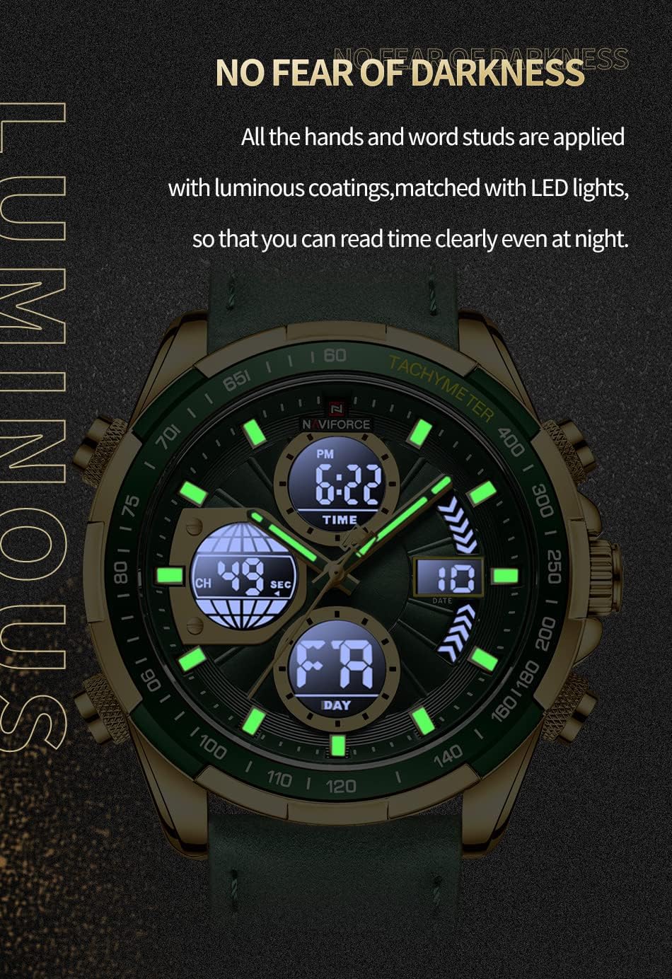 NAVIFORCE Relojes militares digitales para hombre, reloj analógico de cuarzo, resistente al agua, deportivo, multifuncional, correa de cuero, reloj de pulsera