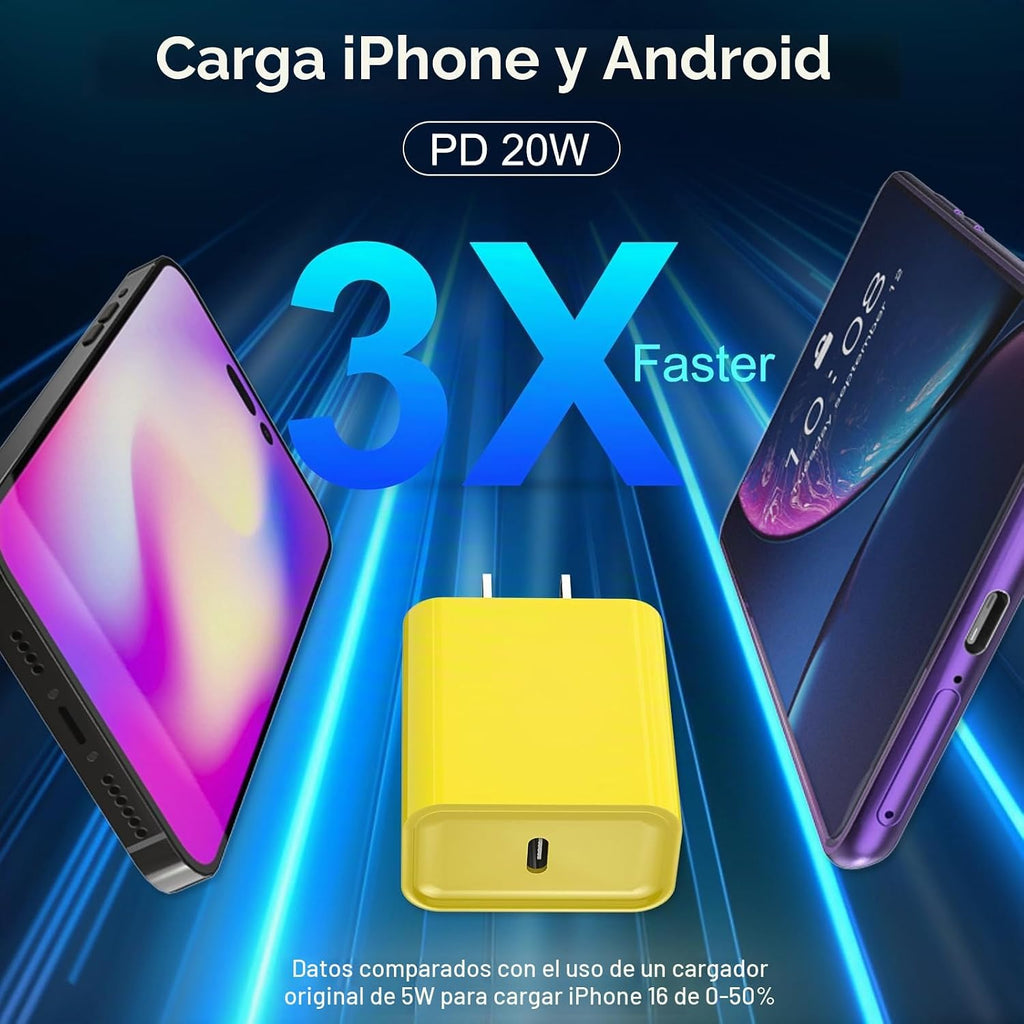 Cargador de carga rápida para iPhone 16 y 15, paquete de 3 cargadores USB C PD de 20 W con cable de 10 pies, cable USB C tipo C para iPhone 16/16 Plus/16 Pro/16 Pro Max/15/15 Pro/15 Pro Max (amarillo)