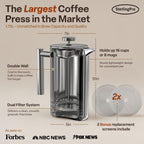 Prensa de café francesa de acero inoxidable y doble pared de SterlingPro., Acero inoxidable, acabado de espejo, 2L