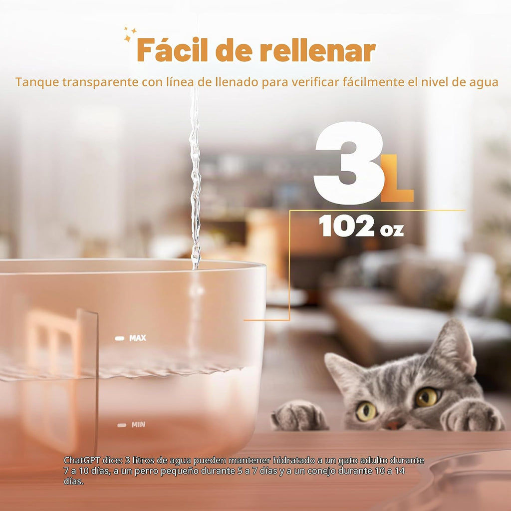 Fuente de agua para gatos sin bombas, fuente para mascotas para gatos en interiores, 3L/102 onzas, dispensador automático de agua para gatos, bandeja de acero inoxidable, funciona con pilas, inalámbrica con sensor de movimiento