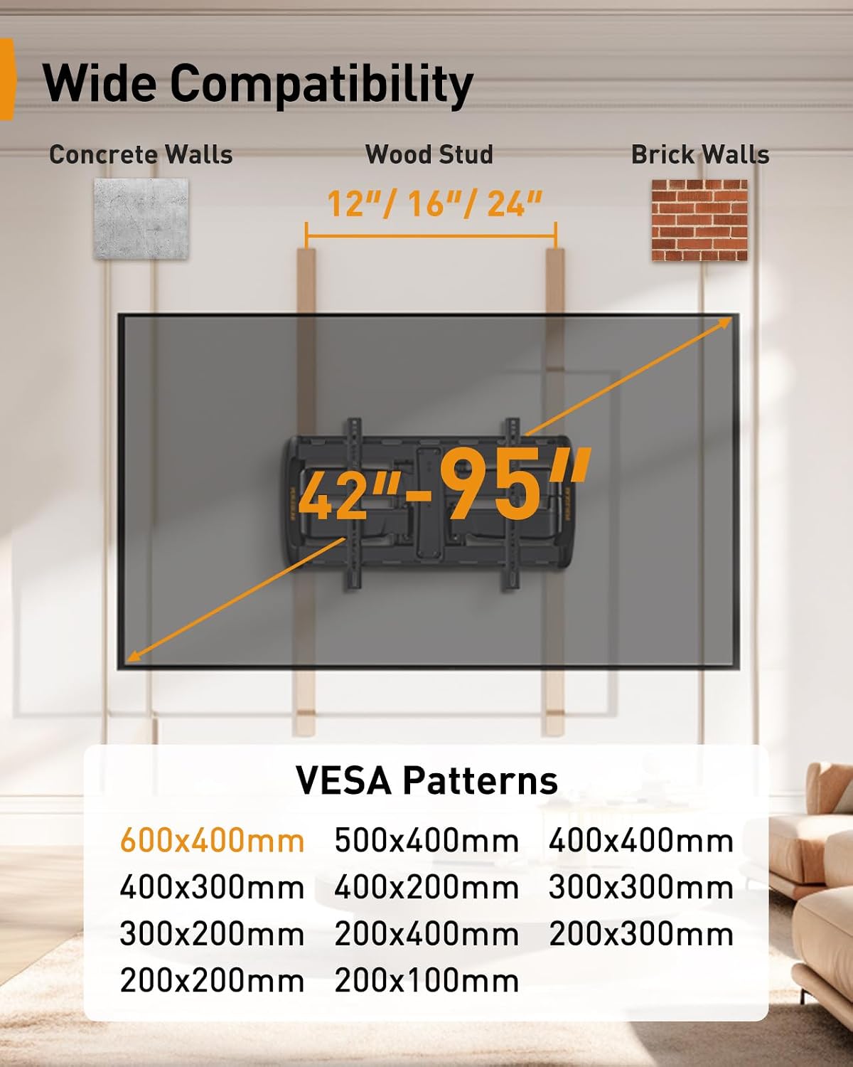 Soporte de pared de movimiento completo deslizante Perlegear para televisores de 42–95 pulgadas