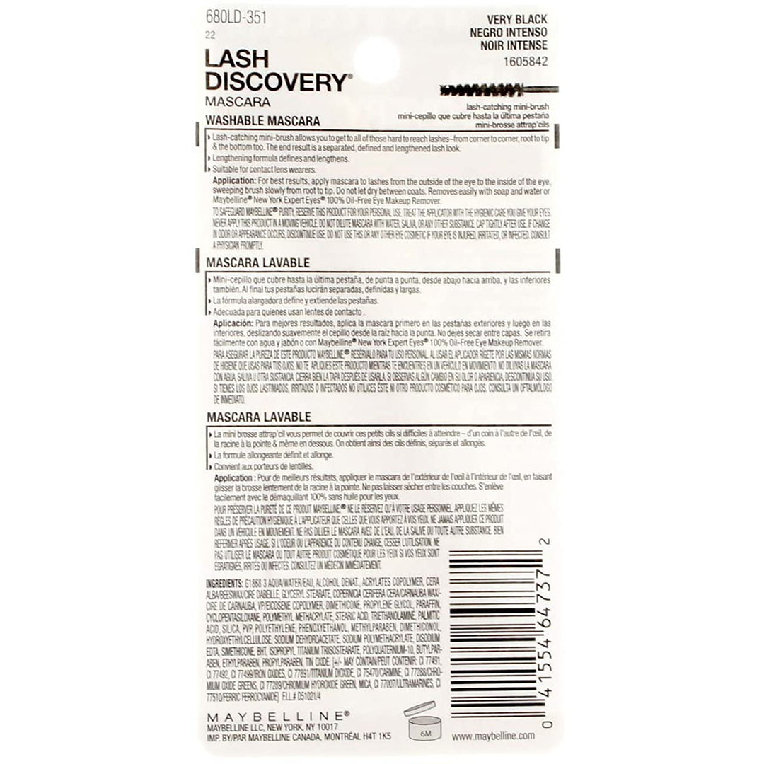 Maybelline New York Lash Discovery - Máscara lavable, color negro [...
