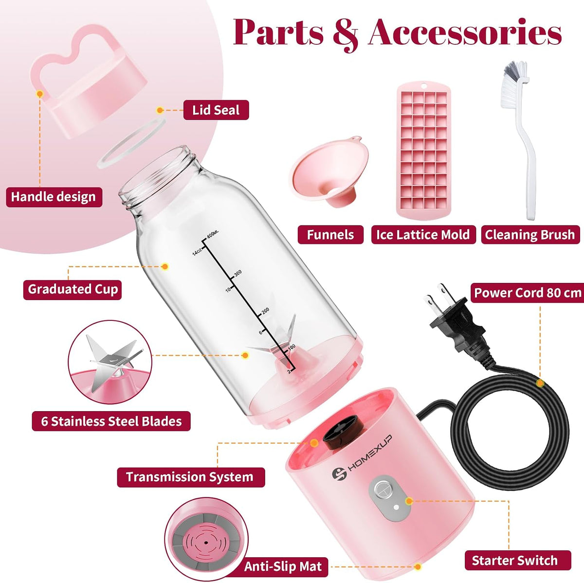 Licuadora Personal Portátil 17 OZ/500 ML Exprimidor, Licuadora de Tamaño Personal de 175W, Ideal para Batidos, Mezcla de Hielo, Preparación de Jugos y Procesamiento de Alimentos, Compacta, Conveniente