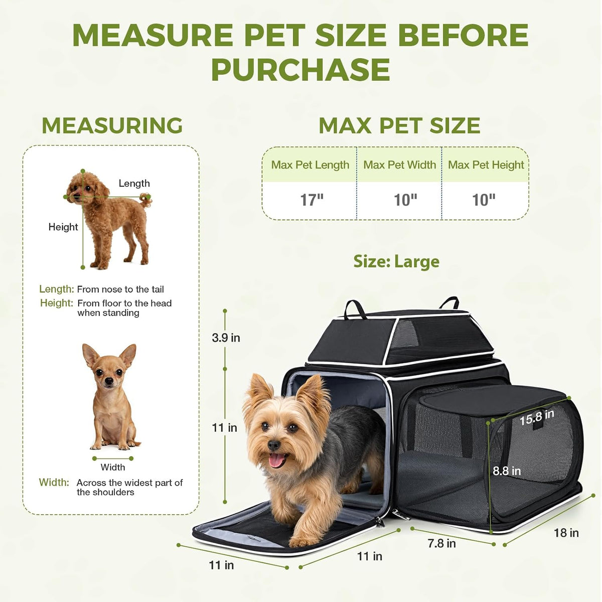Lekereise Transportador de mascotas expandible superior y lateral de 18 x 11 x 11 pulgadas, aprobado por Delta American United Aerolínea, transportadores de viaje para perros pequeños y gatos con