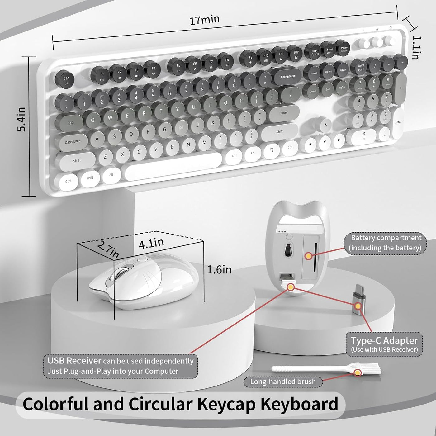 Teclado y ratón inalámbricos cremosos, MOFII 104 teclas redondas de...