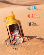 Coolflask Botella de agua de 128 onzas aislada con popote y 3 tapas a