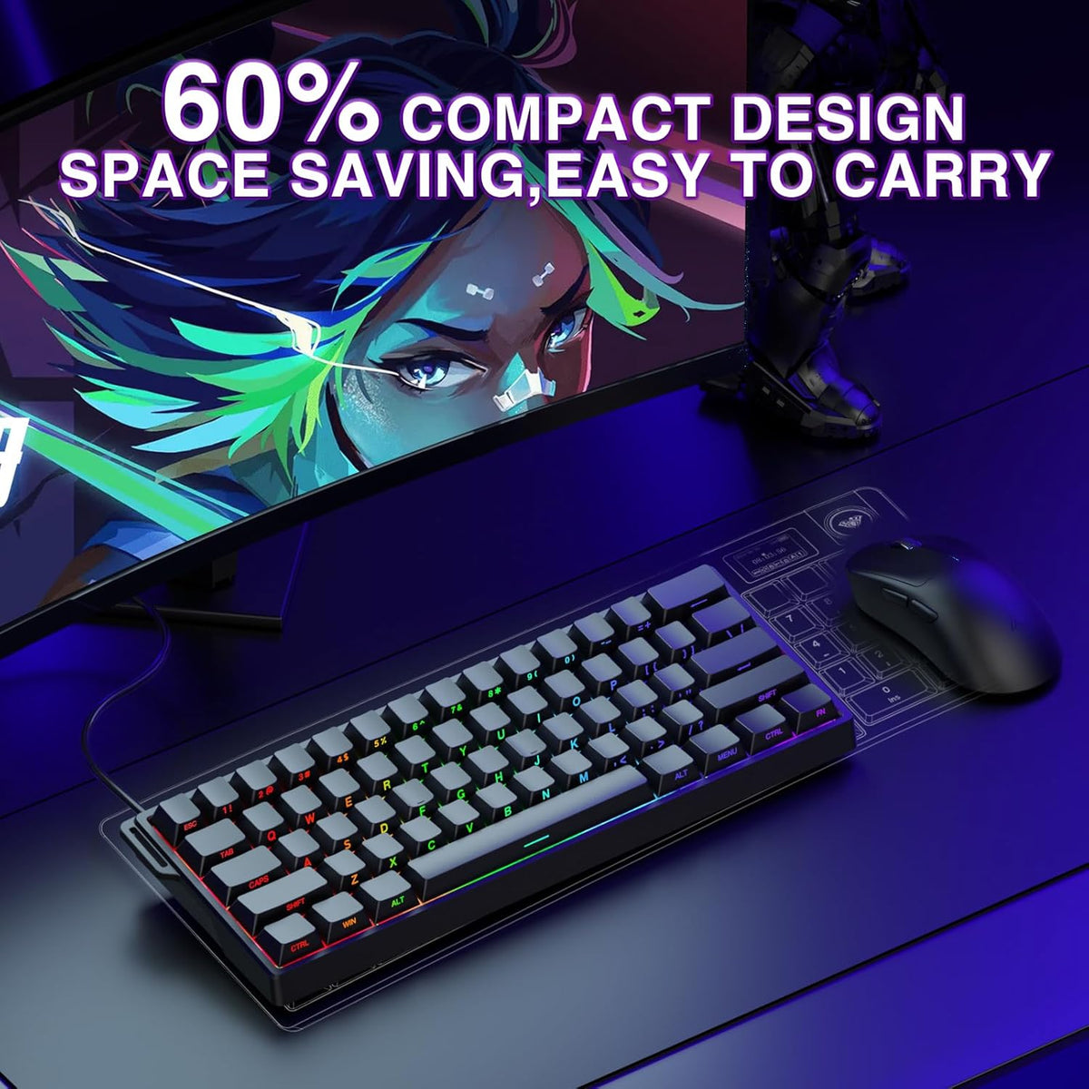 Aula WIN60 HE - Teclado mecánico 60% para juegos con cable, interru...
