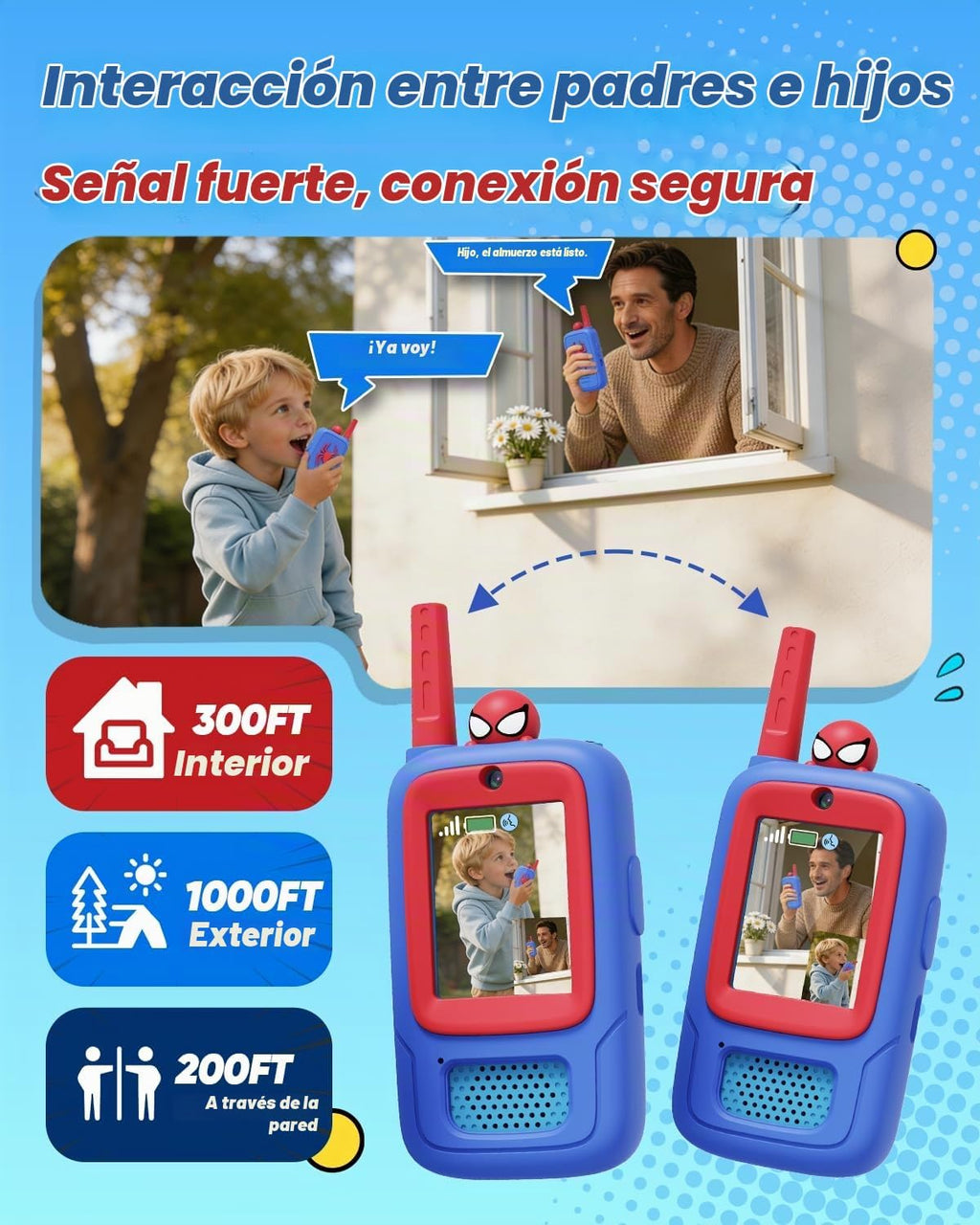 Paquete de 2 Walkie Talkies de video Spider Toys para niños con funda de