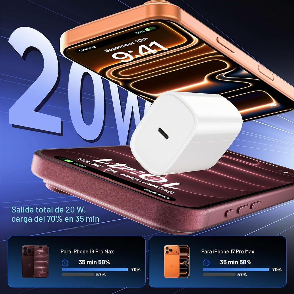 Cargador rápido para iPhone 18 17 16 Pro Max, cargador USB C de 20 W para