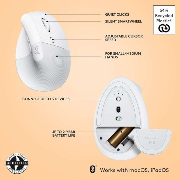 Logitech Mouse ergonómico vertical inalámbrico para Mac, Bluetooth,...