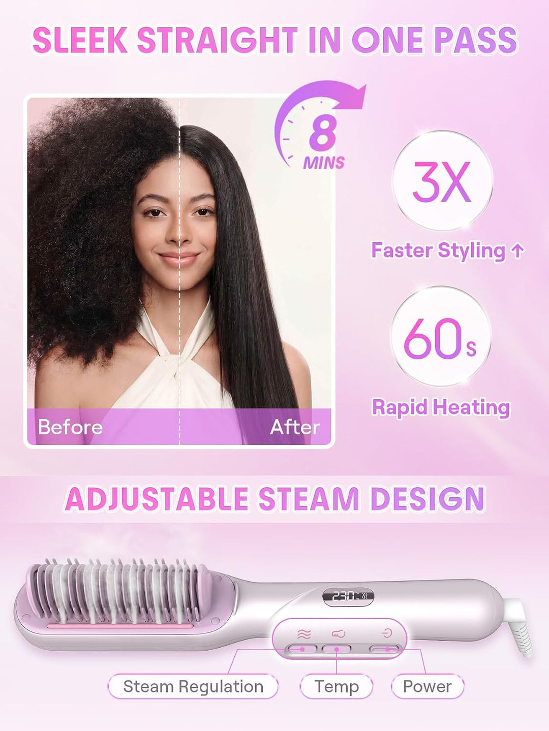 SHEGLAM Steam Straightener Brush, 3-in-1 Steam Hot Comb for Damaged...