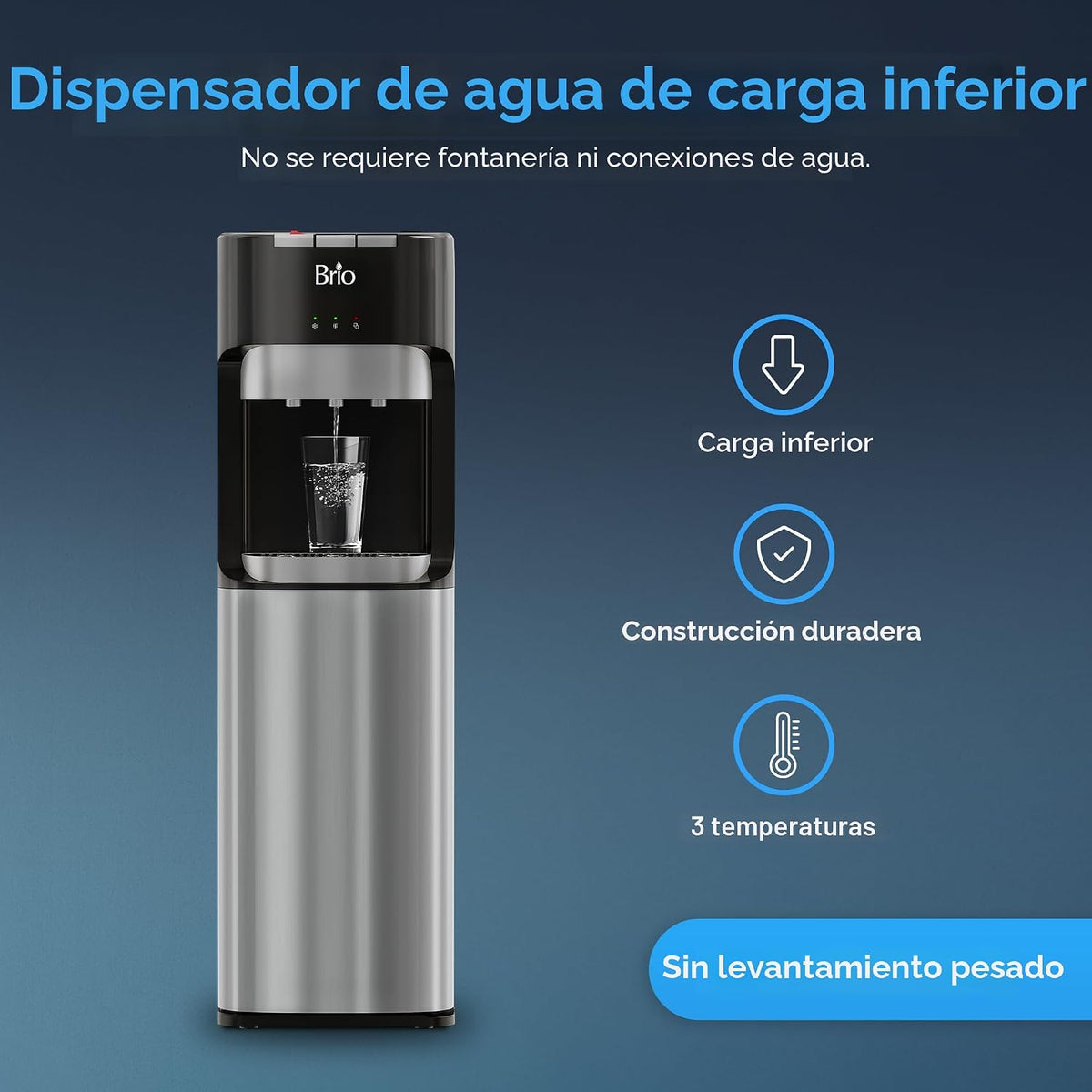 Brio Dispensador enfriador de agua con carga inferior para botellas de 5 galones - 3 temperaturas con salidas caliente, ambiente y fría, cerradura de seguridad para niños, pantalla LED con alerta de