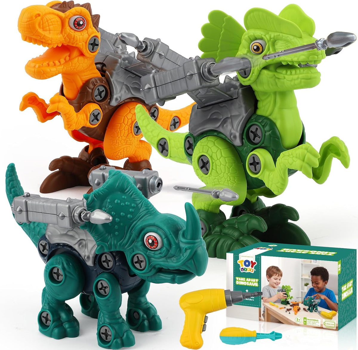 TOY Life Paquete de 3 juguetes de dinosaurio desmontables con herramienta